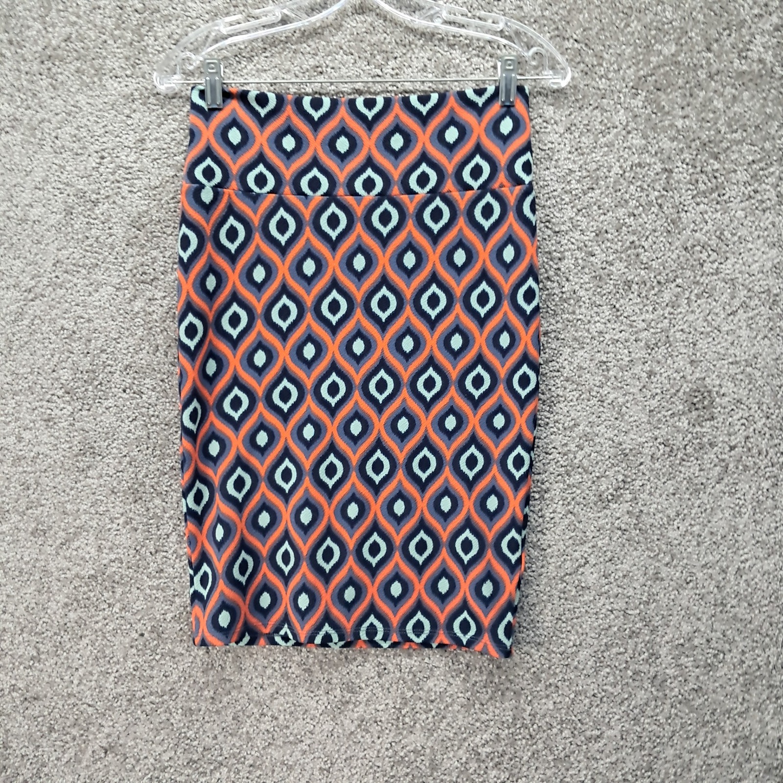 Lularoe Cassie Pencil Skirt Xs Orange Navy Mint Geometric Ogee Print Stretch